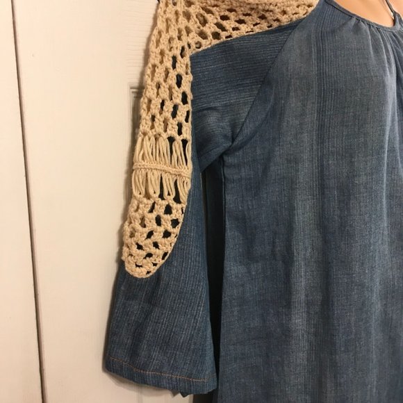 Umgee Cold Shoulder Blue Dress With Crochet Sleeves - Picture 2 of 7